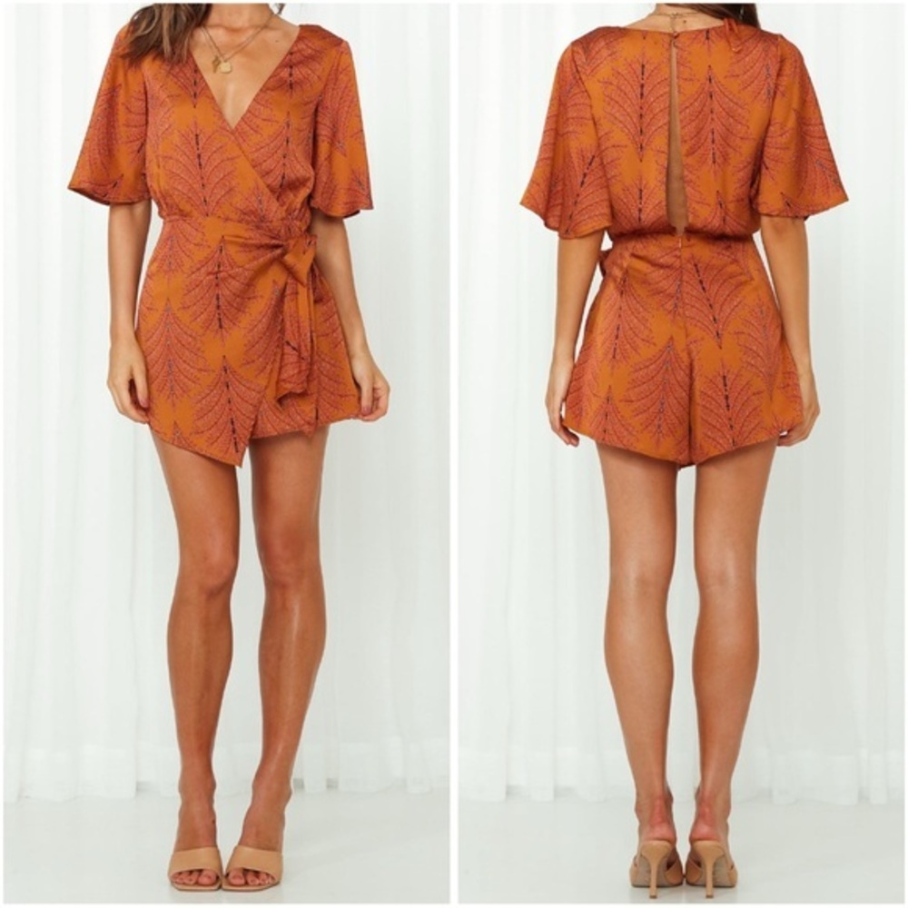 Hello Molly Rust Orange Printed Wrap Romper
